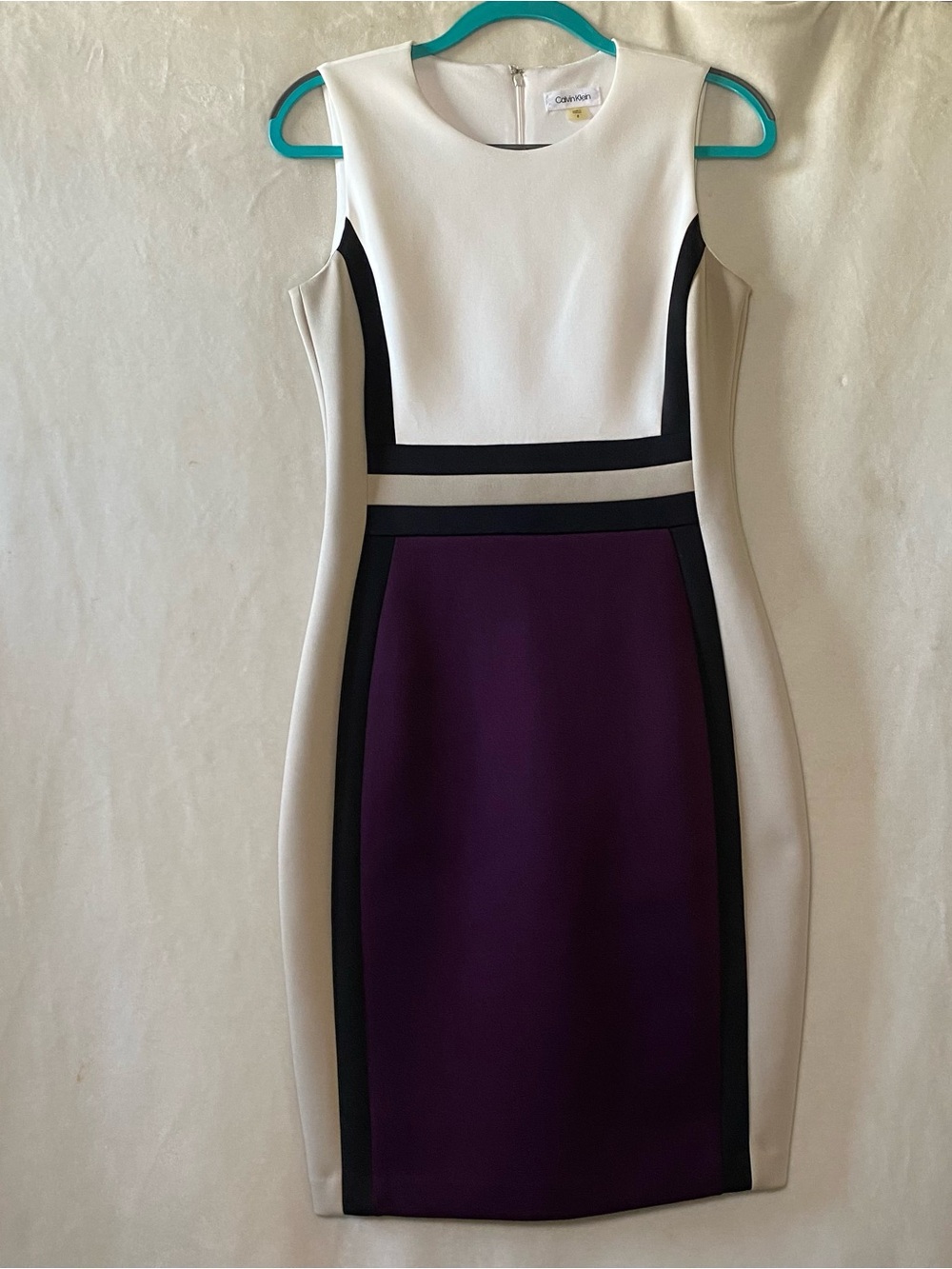Calvin Klein White, Cream & Purple Colorblock Sheath Dress